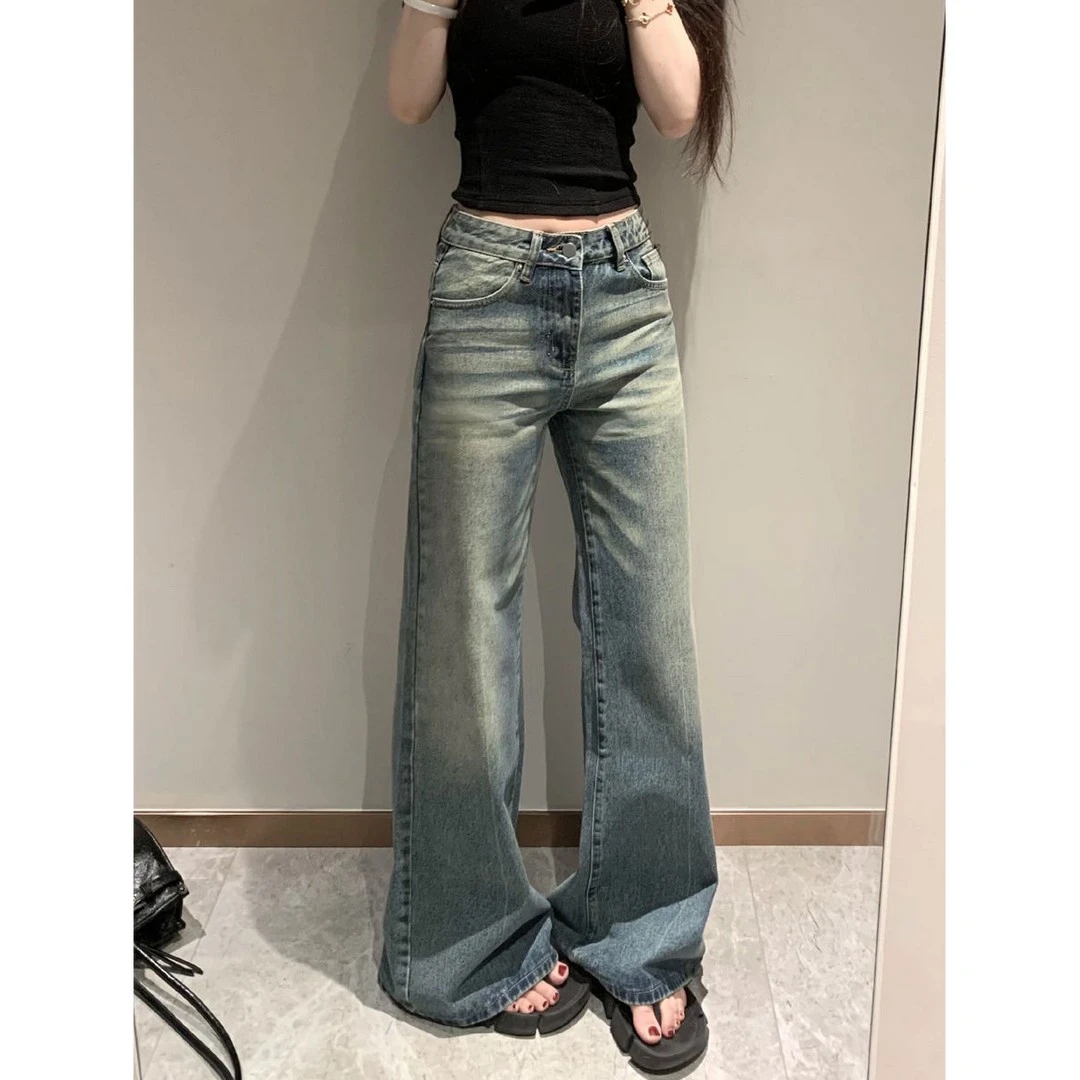 小个子微喇裤145-150牛仔裤女美式复古低腰显瘦宽松垂感马蹄裤潮