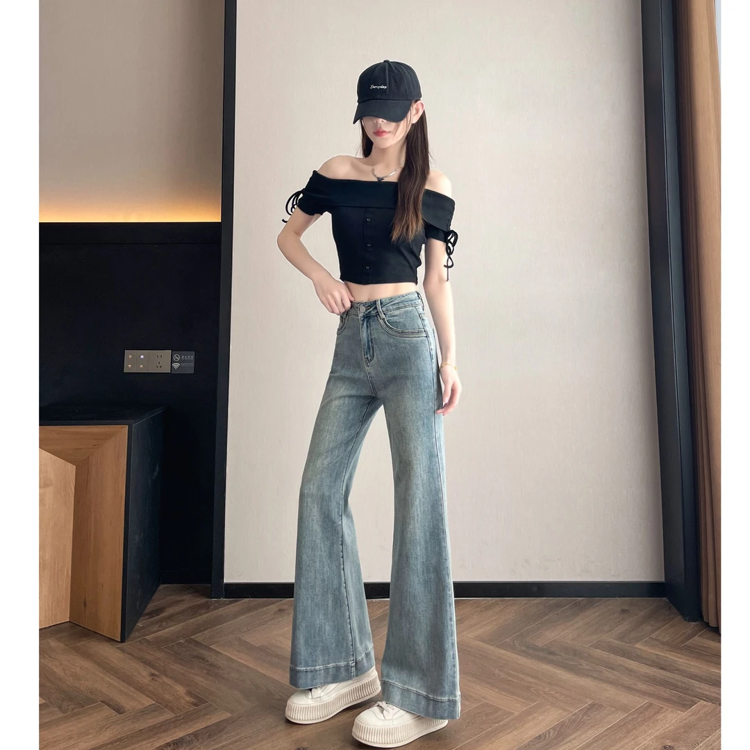 高腰薄款春季长裤高腰牛仔裤宽松夏季裤子微喇显瘦直筒时尚牛仔裤