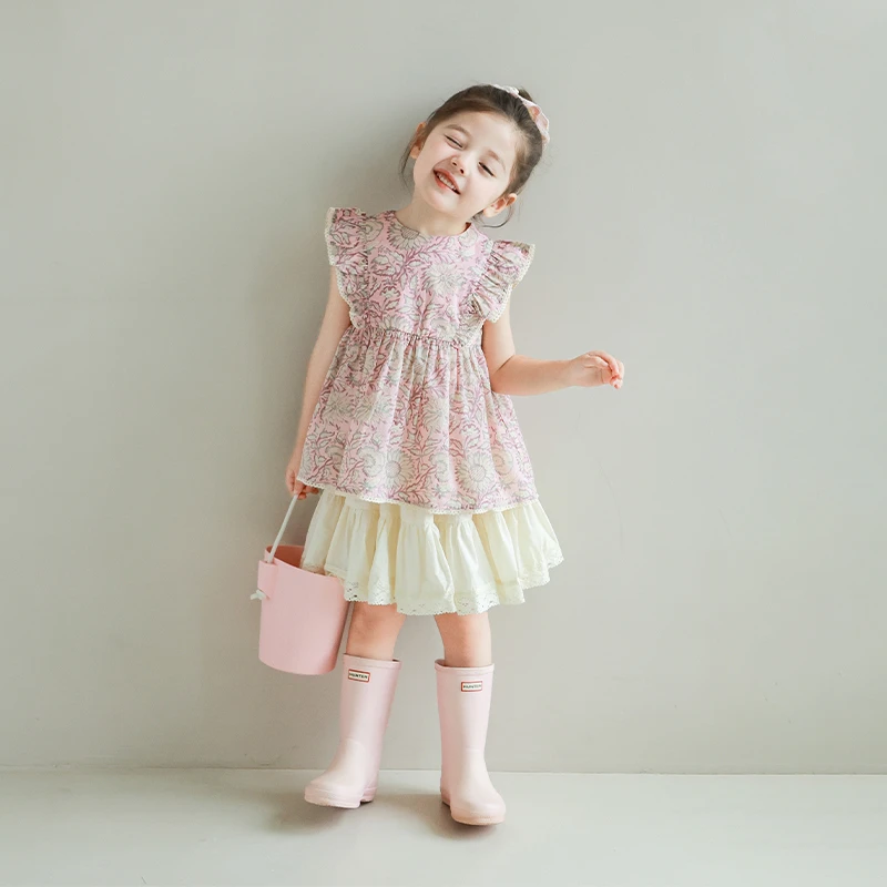 utouto大耳象女童飞袖蕾丝边碎花小衫2025夏季新款纯棉2403754