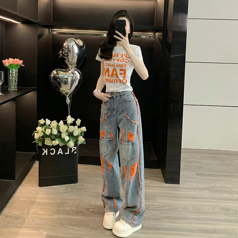 套装女装夏装2025新款爆款印花短袖T恤橙色毛边牛仔裤出游服装女