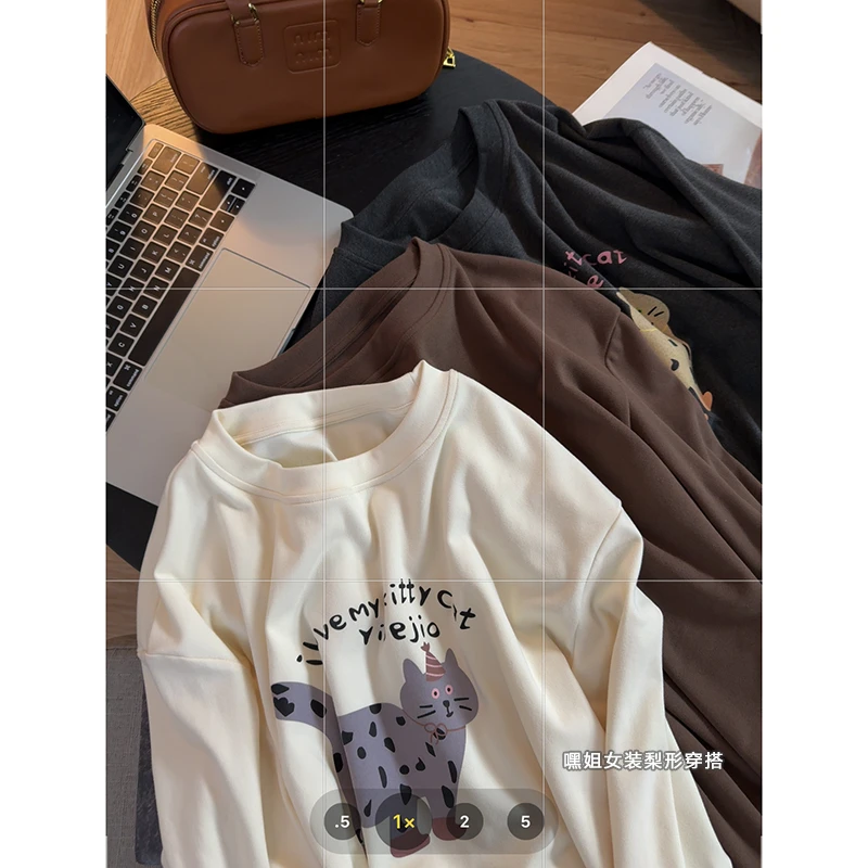 【俏皮猫咪】冬季双面绒感猫咪印花T宽松百搭休闲舒适长袖打底衫女