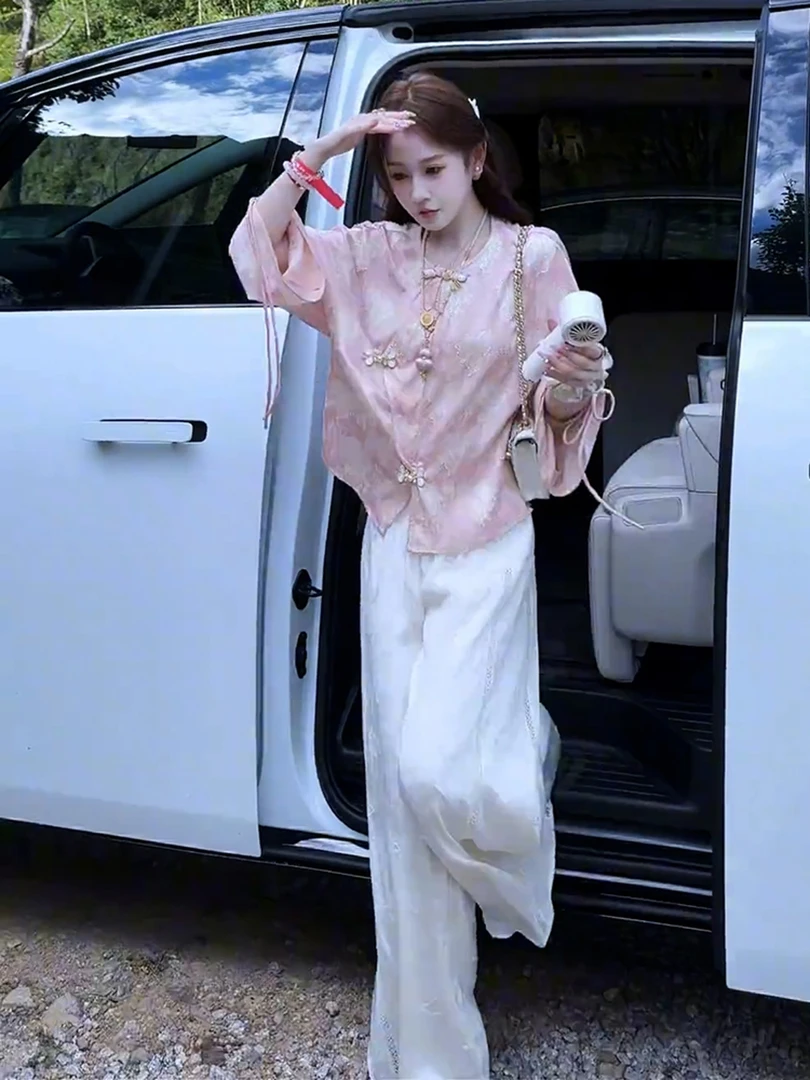 早秋穿搭轻奢高级感新中式禅意风小个子粉色衬衫减龄上衣外套气质