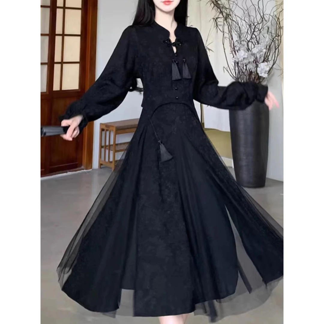【万达撤柜】新中式复古国风改良旗袍小黑裙秋冬大码设计感流苏网