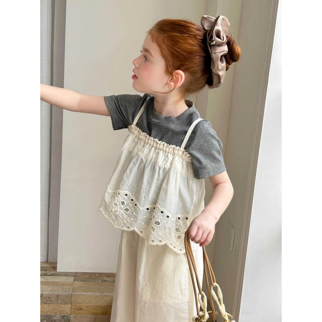 【现货】252-蜜桃汁童装2025年夏季新款刺绣吊带套装-57209杏色