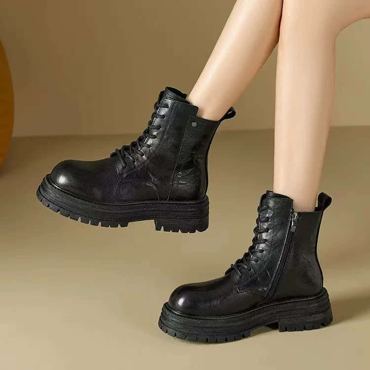 真皮马丁靴秋冬季加绒松糕厚底粗跟复古靴短靴 5006