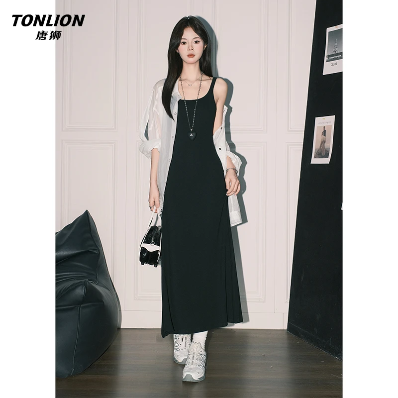 唐狮美式黑色U领包臀背心长裙女2025夏休闲百搭收腰A字吊带连衣裙