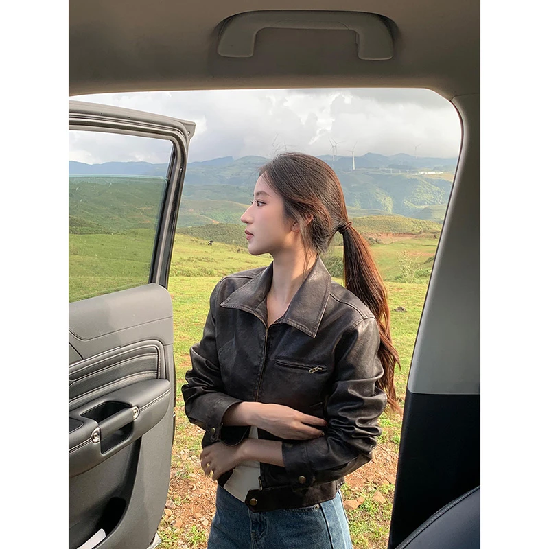 美式复古皮衣夹克外套女装冬季新款修身显瘦短款翻领长袖开衫上衣