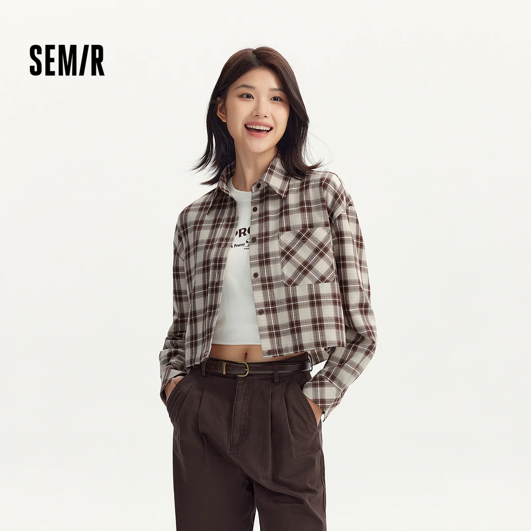 森马长袖衬衫女短款oversize收腰格纹衬衣复古秋季抽绳上衣慵懒风