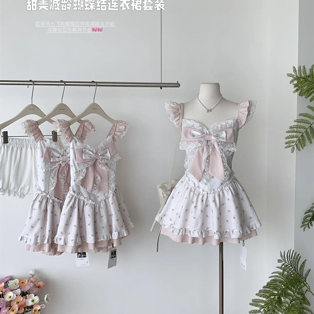 夏季甜美减龄粉色碎花蝴蝶结连衣裙收腰显瘦拼接花边小飞袖公主裙