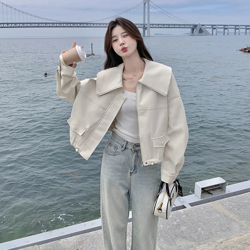 海宁米白色感大时尚皮衣外套女2025小个子新款甜酷网红短款pu夹克