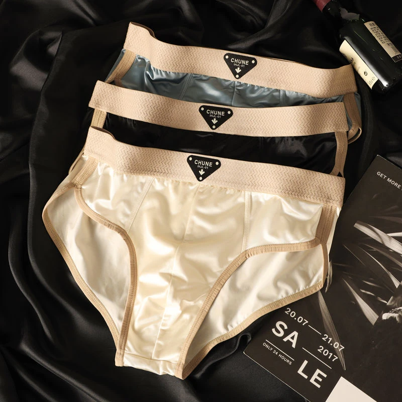 3条装潮流新款内裤男士青少年三角男生三角裤衩短裤裤头轻奢缎面