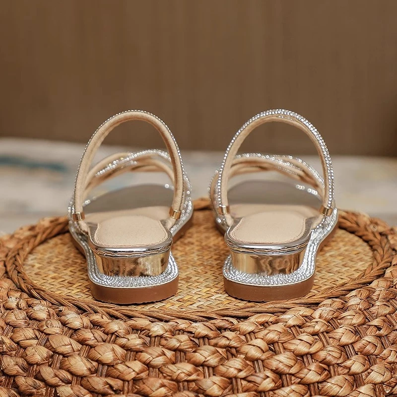 坡跟凉鞋女2025年新款夏季中跟一字带水钻仙女鞋子女ins潮牌百搭