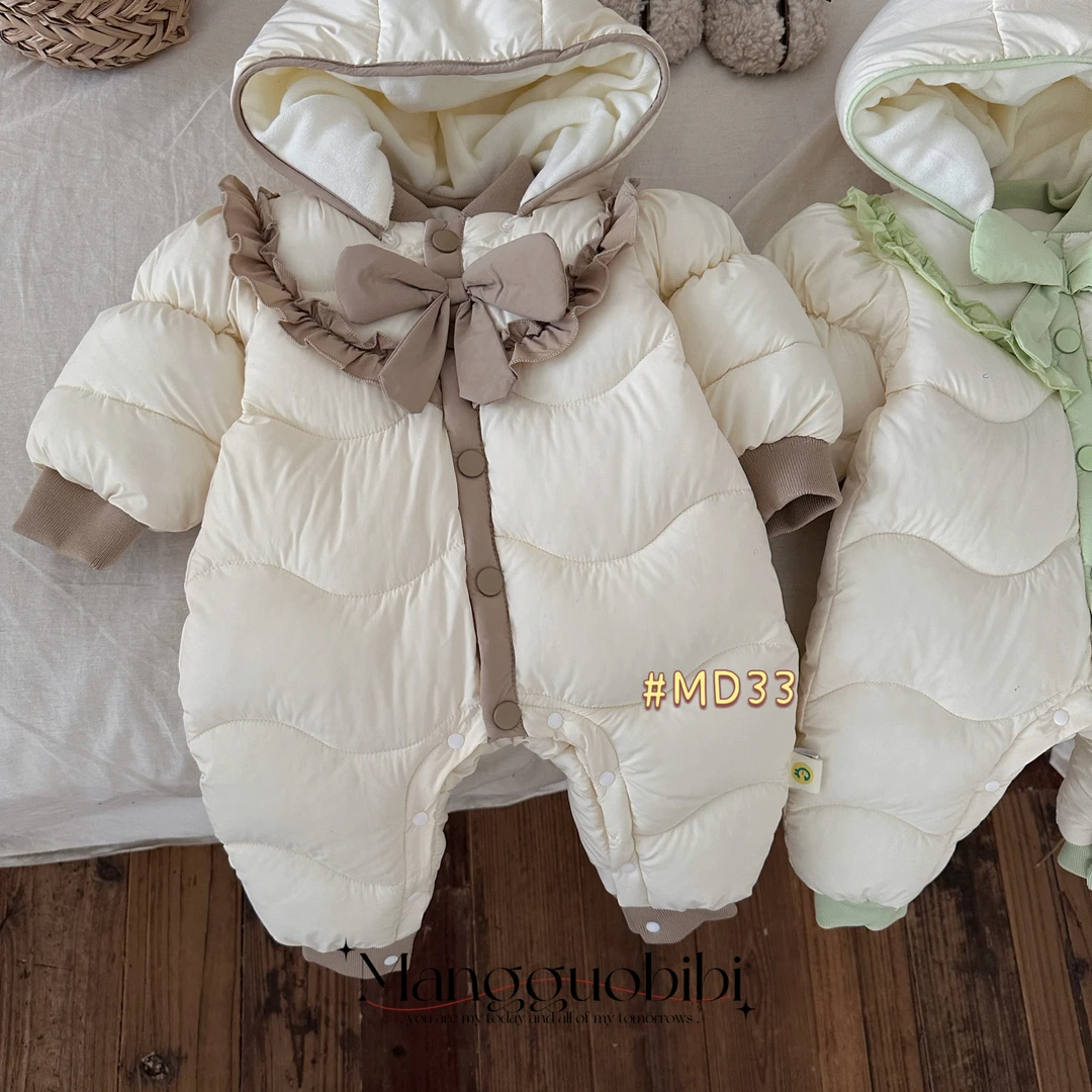 冬季零下儿童幼儿新生儿连帽加绒婴儿宝宝法式蝴蝶结哈衣棉服033