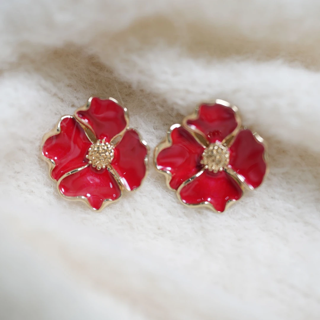 铜合金珐琅耳饰 5205西洋中古风 vintage复古红色花朵耳钉