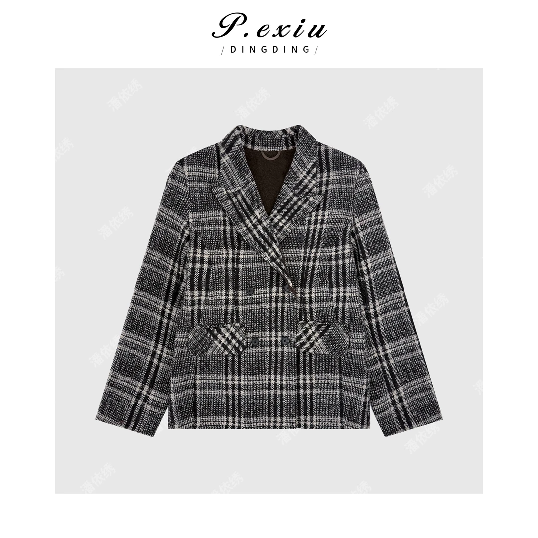 绵羊毛复古撞色格纹老钱风V领羊毛西装Q46649