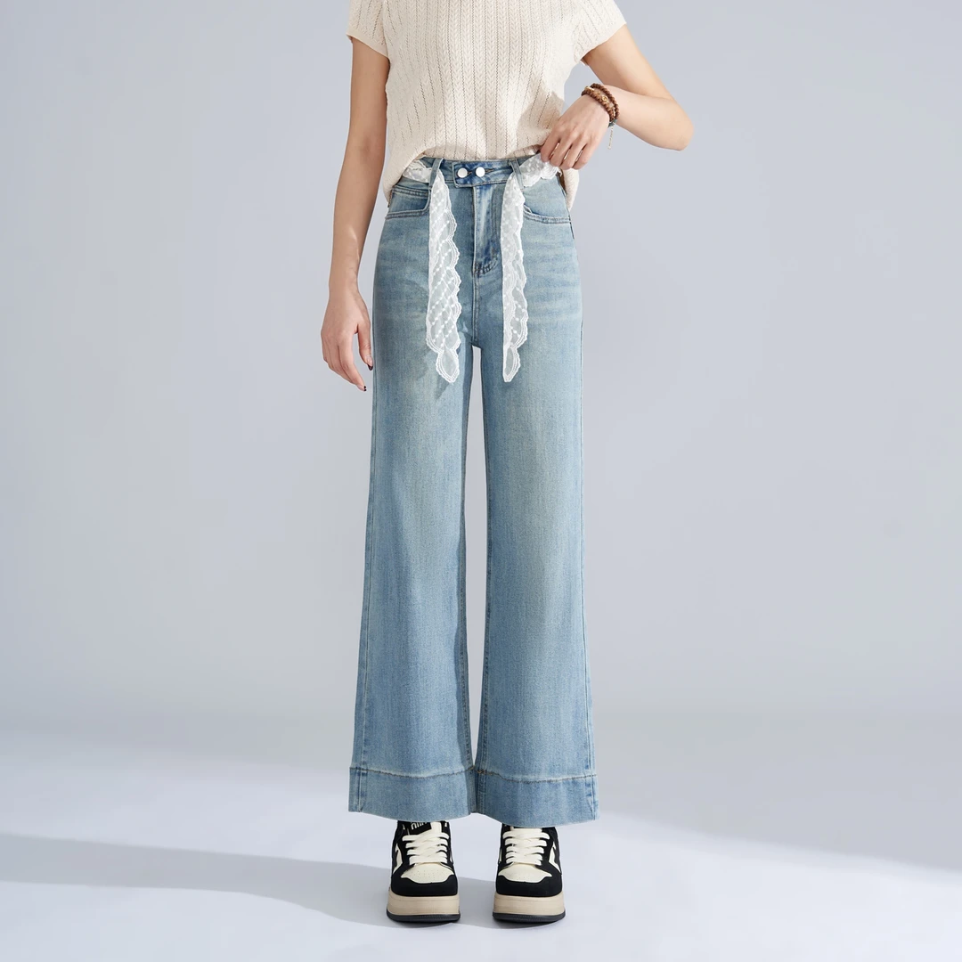 A春夏新款高腰直筒时尚休闲夏季复古宽松印花直筒时尚牛仔裤女