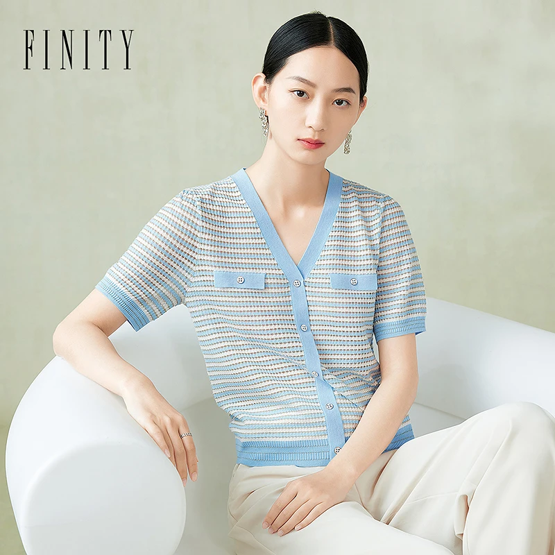 【粉丝专享】FINITY 新款针织衫小香风气质薄款条纹圆领 F21X4E22S2