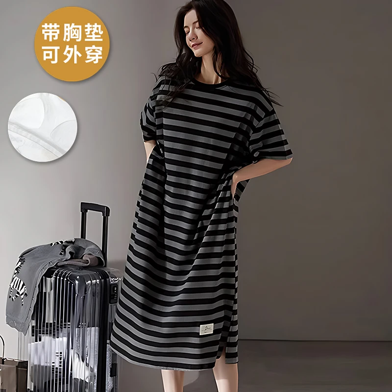 带胸垫睡衣女夏季短袖薄款大码中长款条纹睡裙时尚休闲外穿家居服