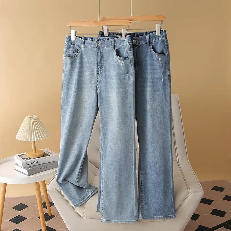 夏季薄款窄版直筒大码高腰弹力显瘦牛仔裤百搭经典牛仔裤女