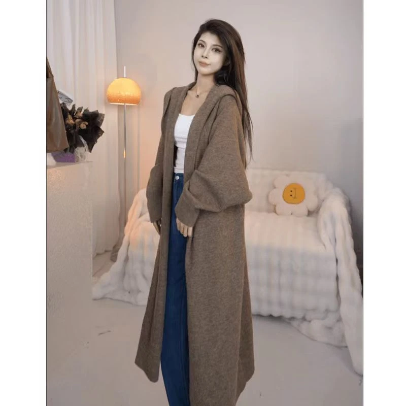 韩系灰色中长款连帽毛衣开衫女秋冬新款宽松慵懒风针织大衣外套厚