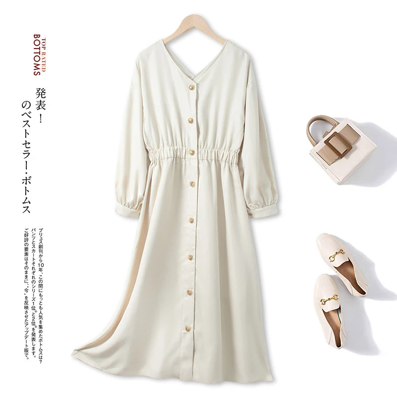 CC537 女士连衣裙春夏款衬衫式收腰长裙气质显瘦纯色裙子甜美优雅