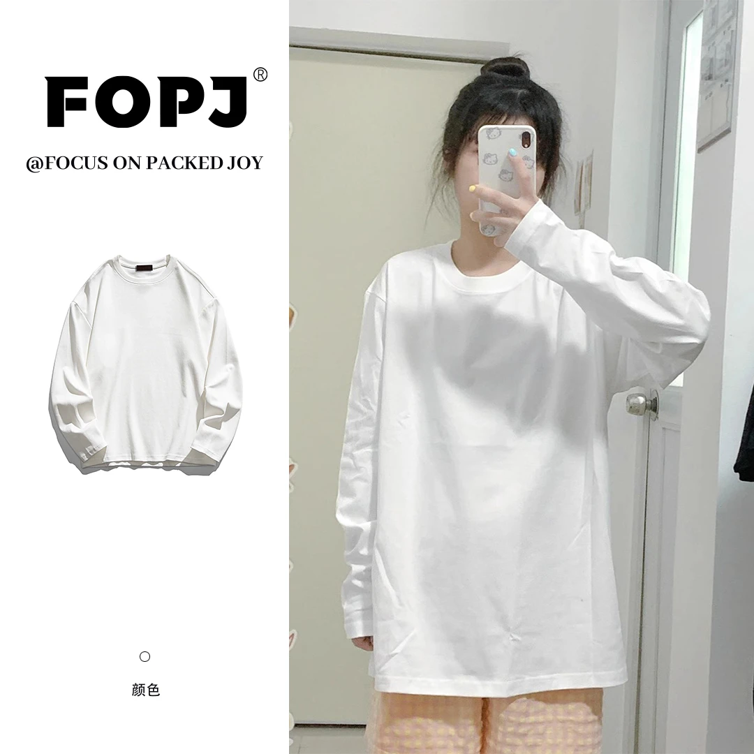 FOPJ重磅硬挺春秋纯棉长袖t恤美式简约印花宽松休闲圆领白色上衣