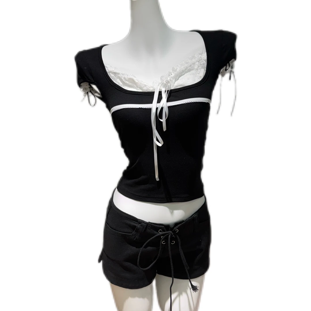 【市市推荐】辣妹方领蕾丝拼接T恤女春装新款黑色短款短袖修身上衣