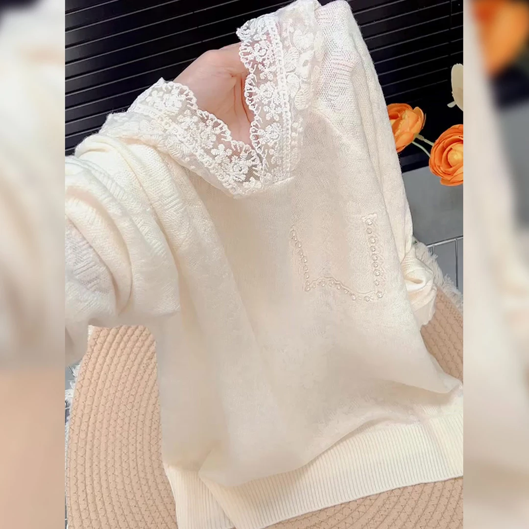 法式复古镂空蕾丝拼接长袖杏色上衣女2025秋冬设计感软糯针织小衫