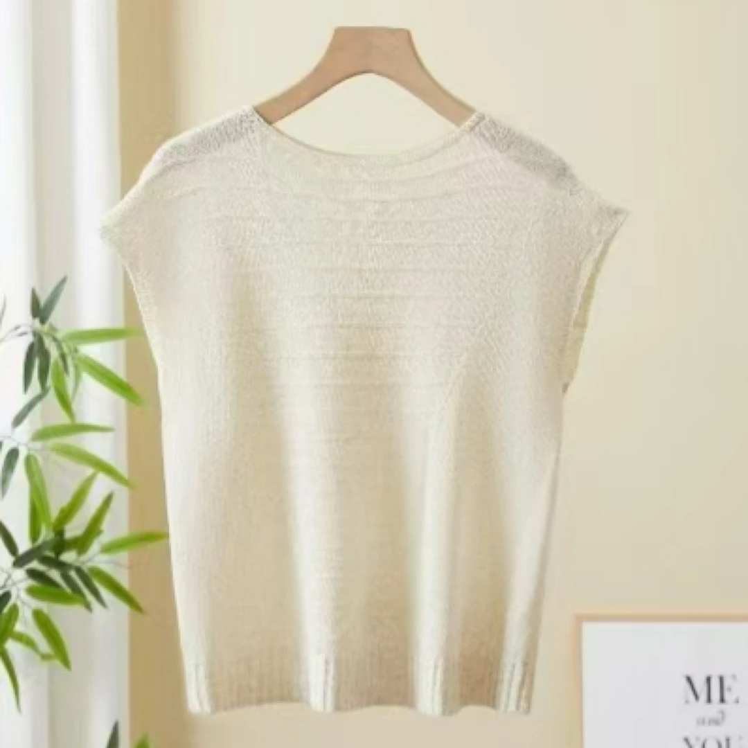 天丝亚麻飞飞袖常规款无袖纯色夏季短袖圆领毛针织衫简约时尚气质