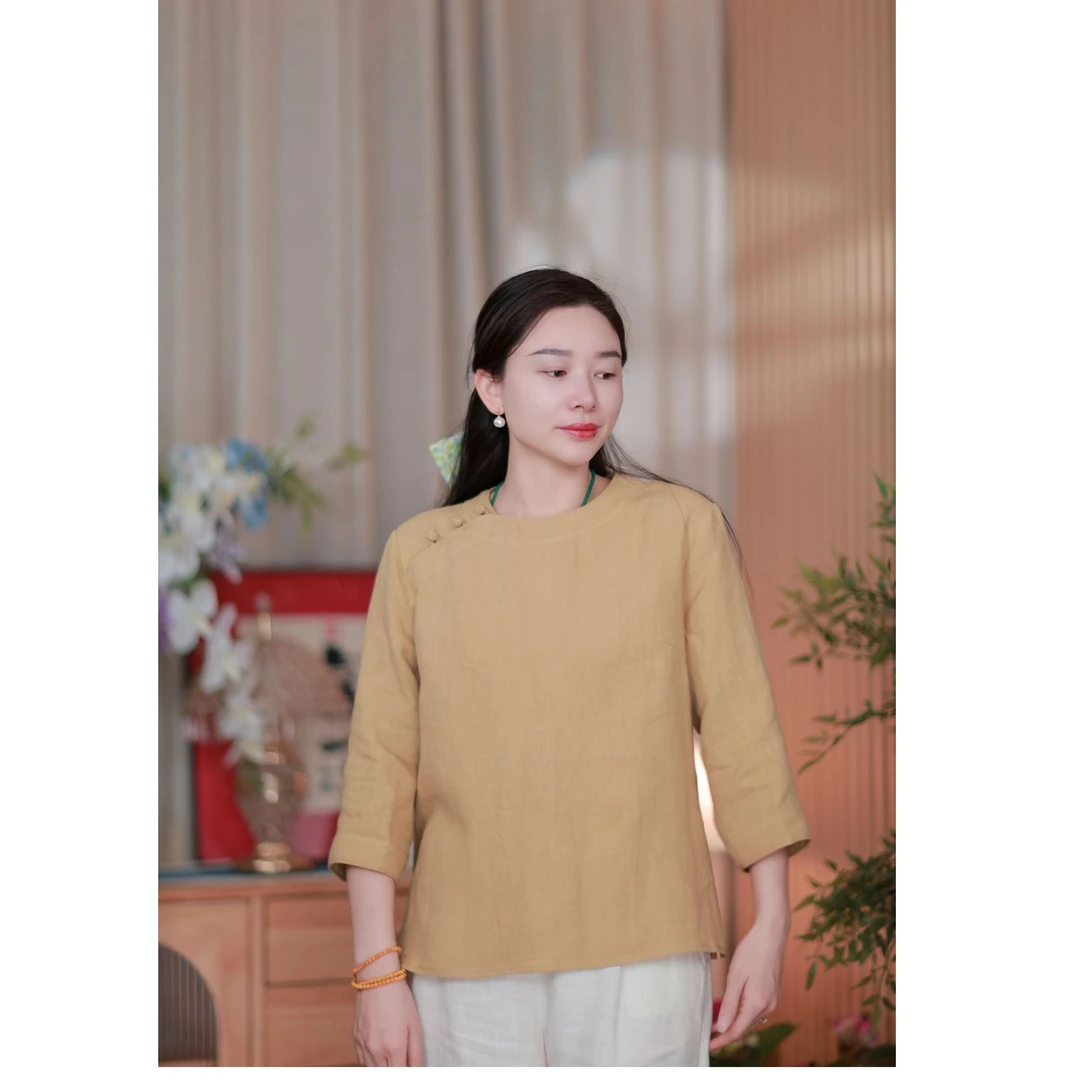 【月白】重磅汉麻14支高支高密撞色圆领手工盘扣国风上衣