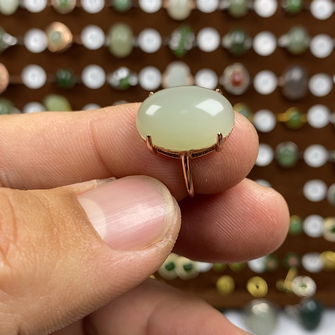 和田玉（青白玉）戒指银S925镀金镶嵌