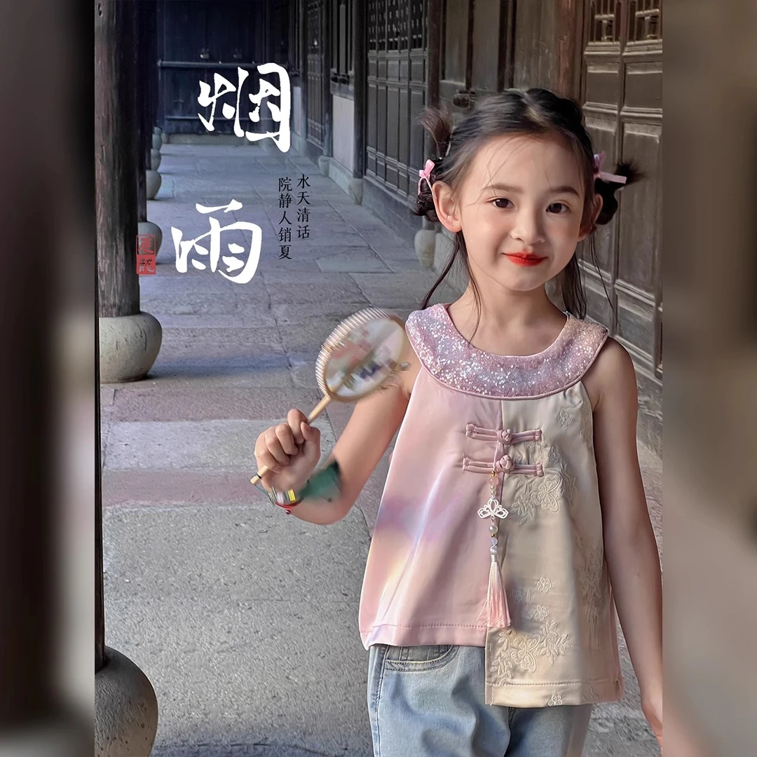 女童汉服夏季新款旗袍儿童新中式挂脖中国风上衣盘扣唐装24041604