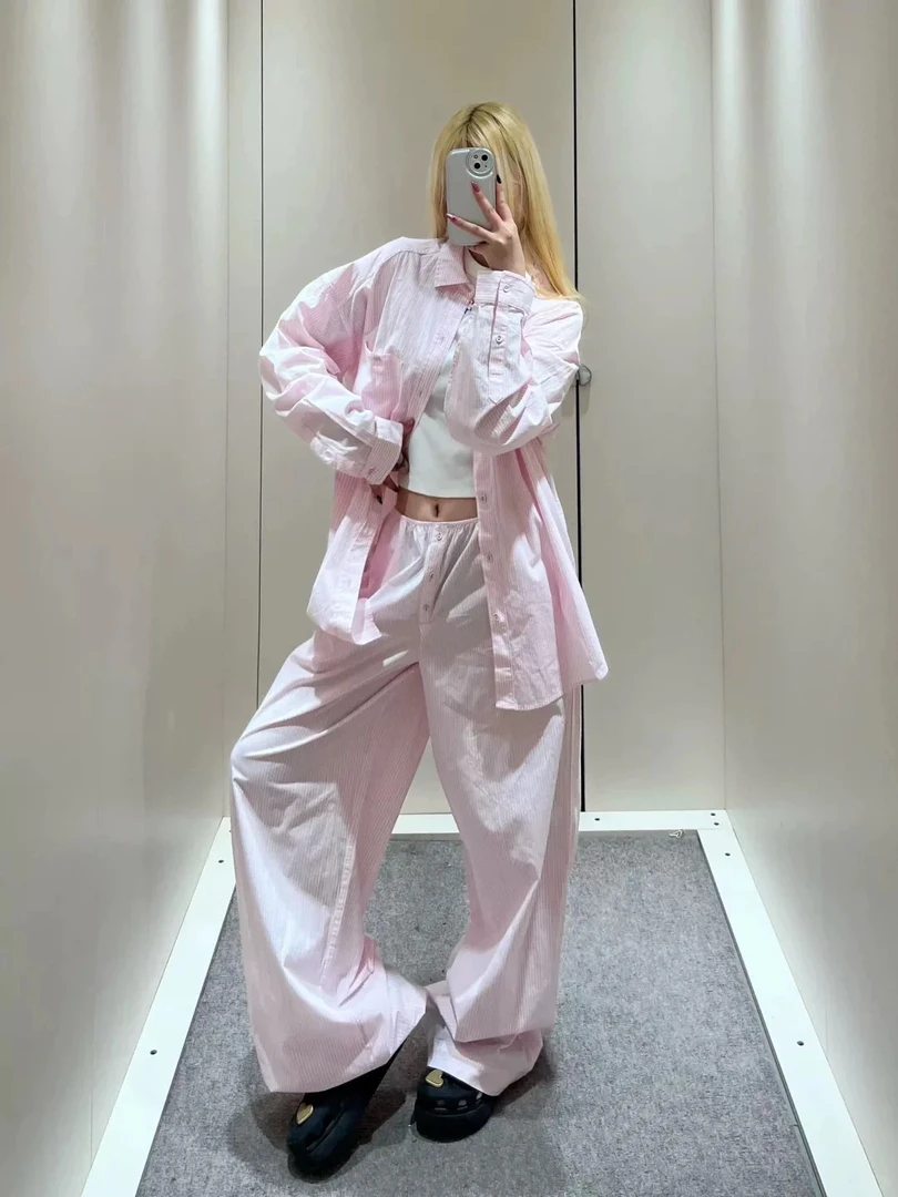 【lunan】skim*竖条纹宽松阔腿睡衣套装