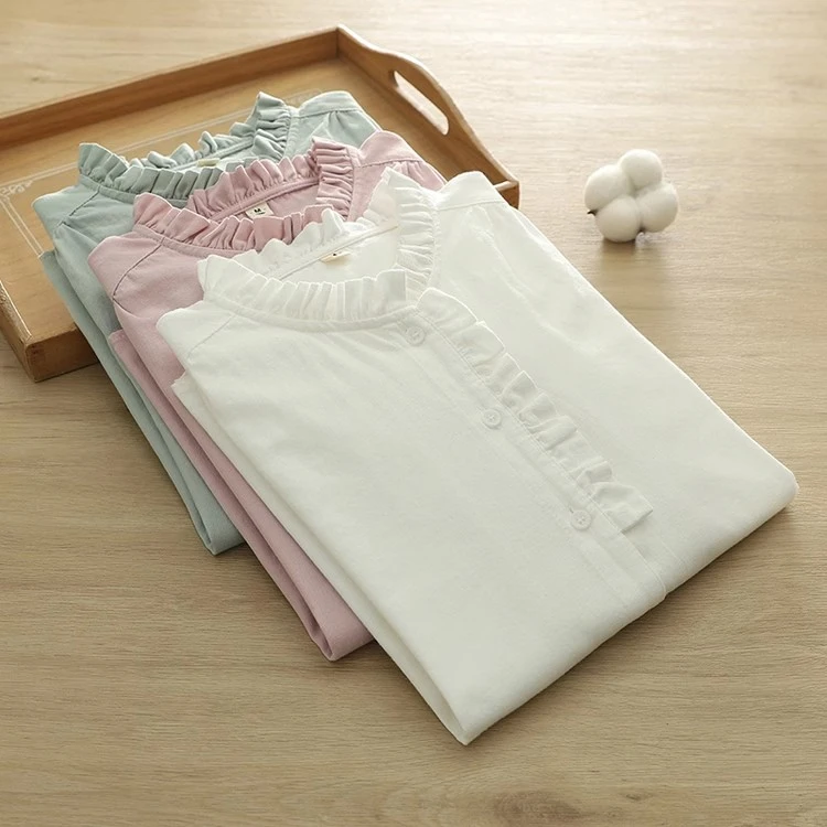 2025春季新款木耳领花边衬衫女宽松韩版百搭纯棉女士立领长袖衬衣