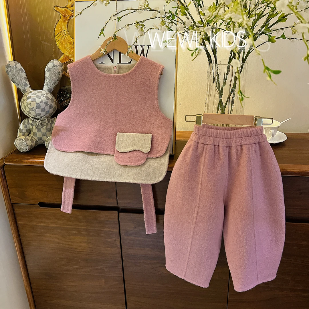 现货<韩里韩气>【现货绵羊毛，纯手工，双面呢】女童秋冬季韩版套装