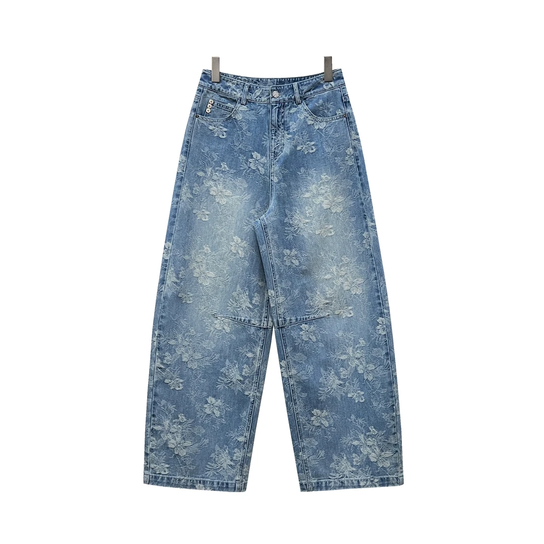 【燚燚对影】春复古高腰宽松潮流高端立体提花水洗弯刀气球牛仔长裤