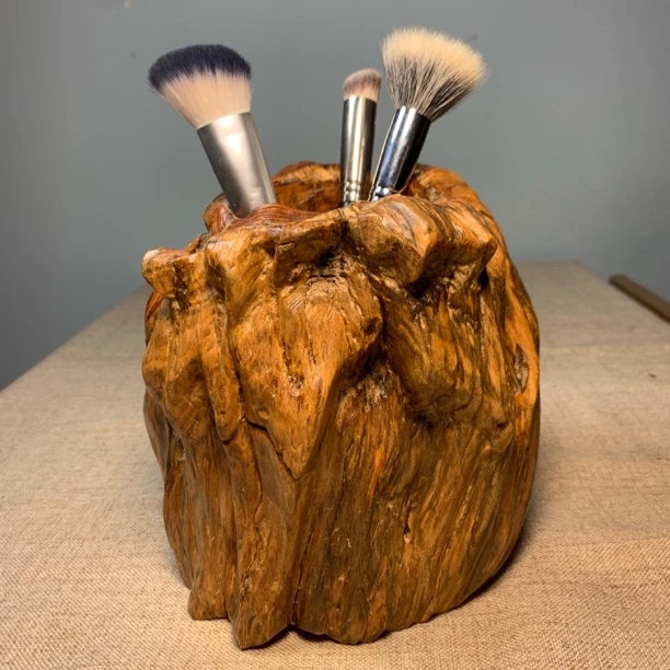 松明子笔筒实木虎皮纹学生家用笔筒中式简约创意笔筒天然琥珀木