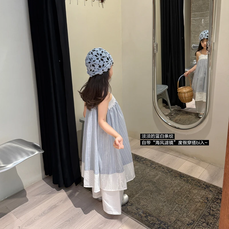 SKE2561女大童韩版一字领吊带裙夏装新款撞色田园风连衣裙长裙潮