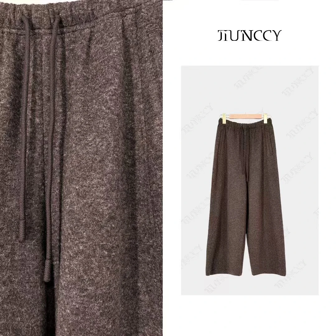 JIUNCCY【九分裤】绵羊毛夹花松紧腰抽绳毛呢九分弯刀裤 52YCK061