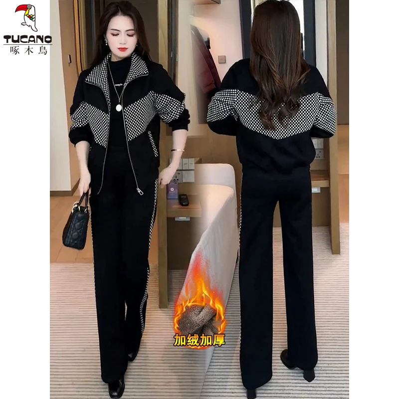 啄木鸟休闲套装女款冬季新款时尚格子拼接立领外套阔腿裤两件套潮