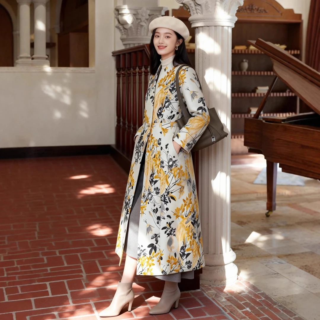 不入要哭！御姐气质春秋新款提花外套女140复古优雅秋装长款大衣