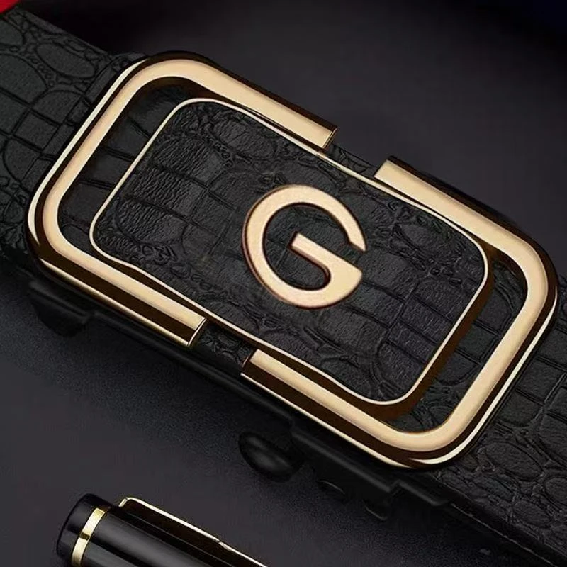 男士腰带压花G皮带无牙内穿自动扣腰带男款简约百搭商务时尚