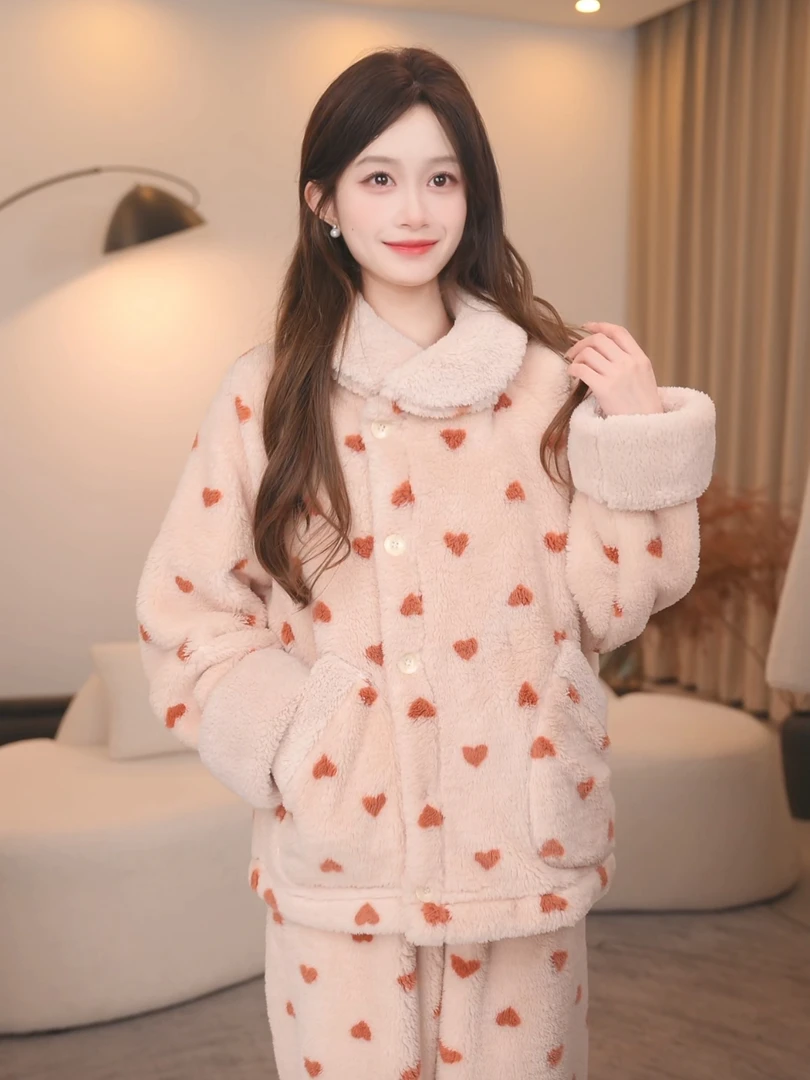 【加厚款恋1冬】2025冬季韩版长袖加绒加厚女毛绒睡衣套装可外穿