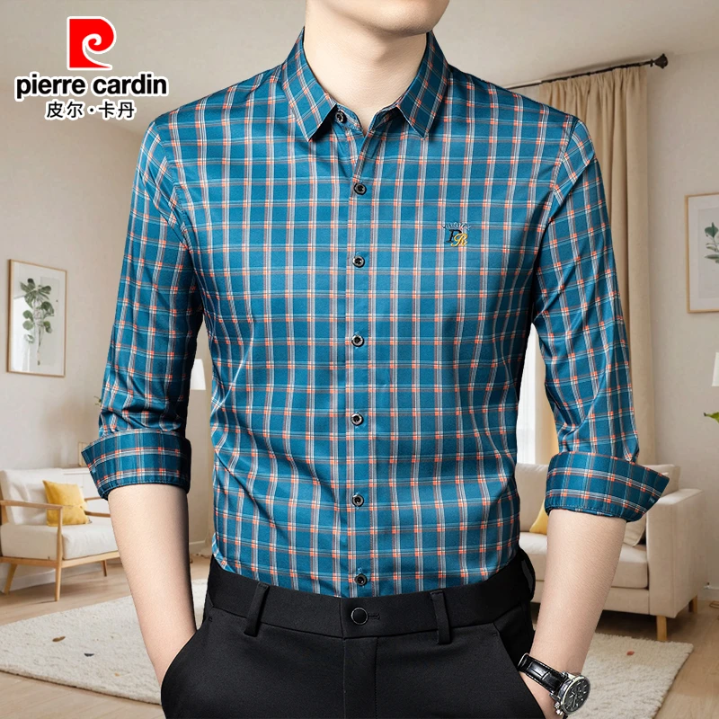 皮尔卡丹正品男士格子长袖衬衫2025春秋时尚潮流休闲高档抗皱衬衣