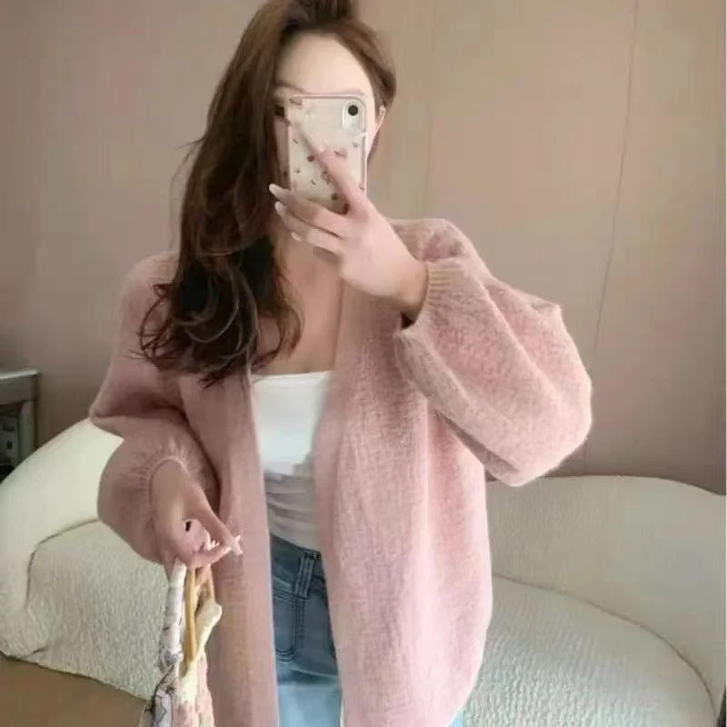 慵懒风高级感泡泡袖原版树皮纹针织开衫女宽松松弛感秋装毛衣外套
