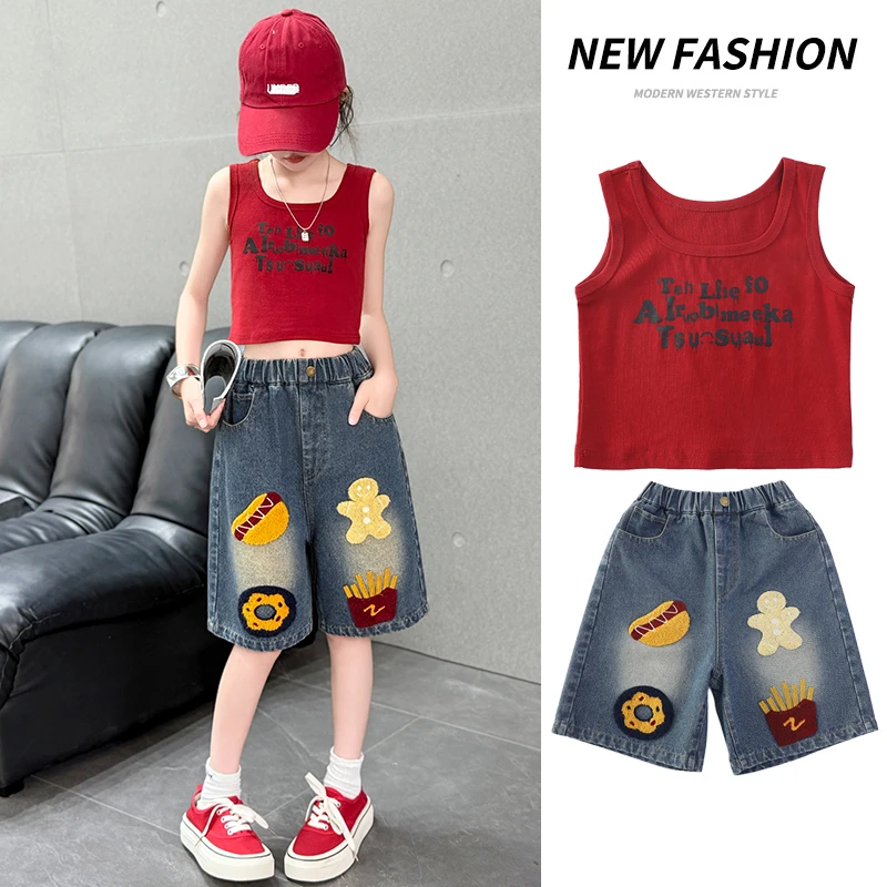 女童牛仔短裤夏季薄款红色小背心2025新款女孩宽松阔腿五分裤子