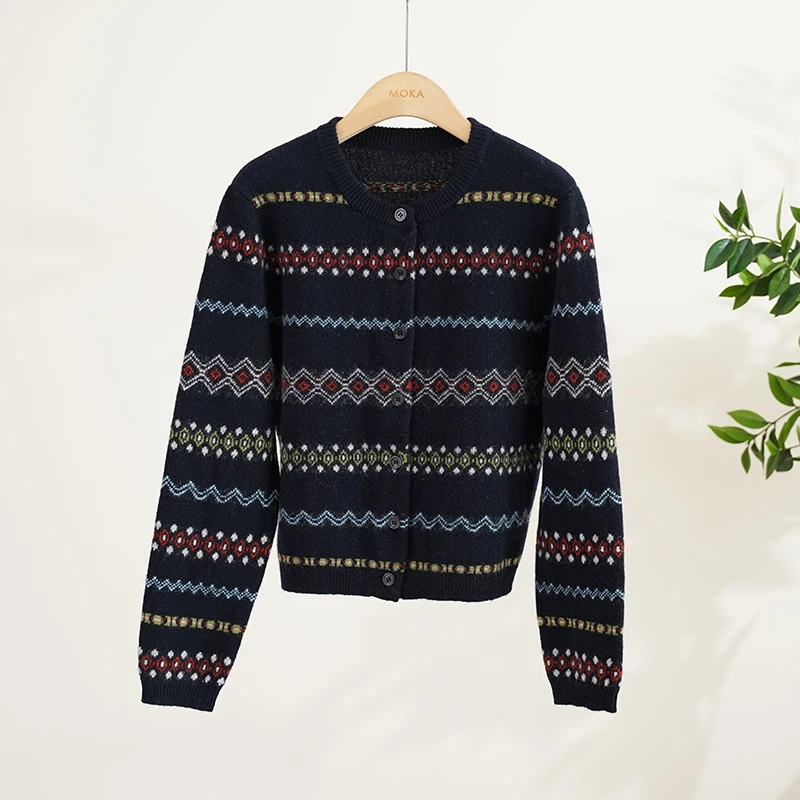 北欧费尔岛100羊毛提花开衫女士毛衣（241923）20903