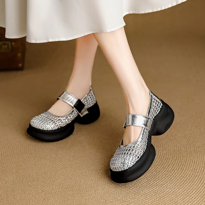 踩屎感真皮厚底凉鞋女2025新款夏季粗跟女鞋编织透气玛丽珍高跟鞋