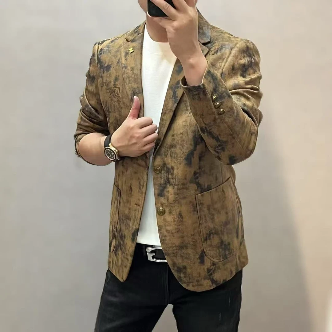 新款高端潮流男士休闲时尚晕染色两粒扣西服外套