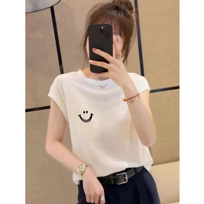 2025新款时尚小众飞飞袖正肩显瘦薄款圆领短袖t恤女洋气潮夏季